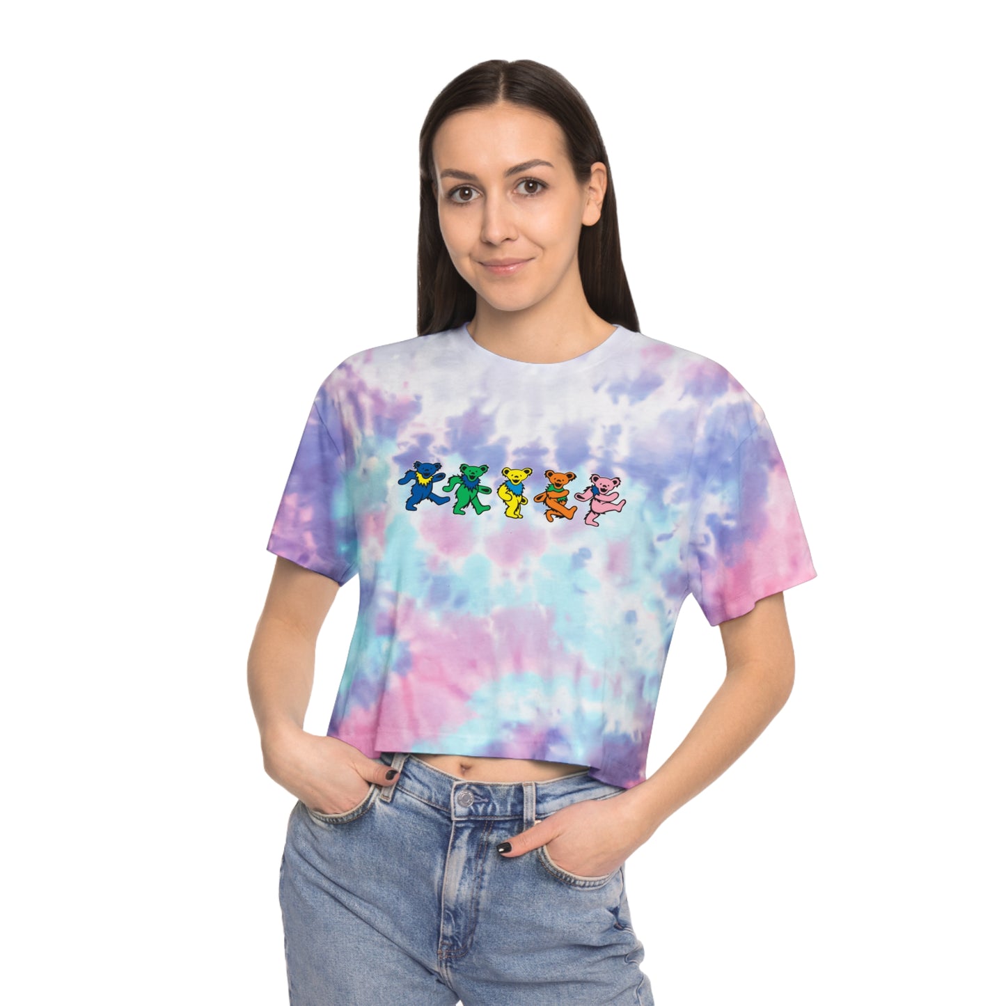 Grateful Dead Dancing Bears Women's Tie-Dye Crop Tee, Gift for Grateful Dead Fan, Dancing Bears, Gift for Teen, Gift for Music Lover