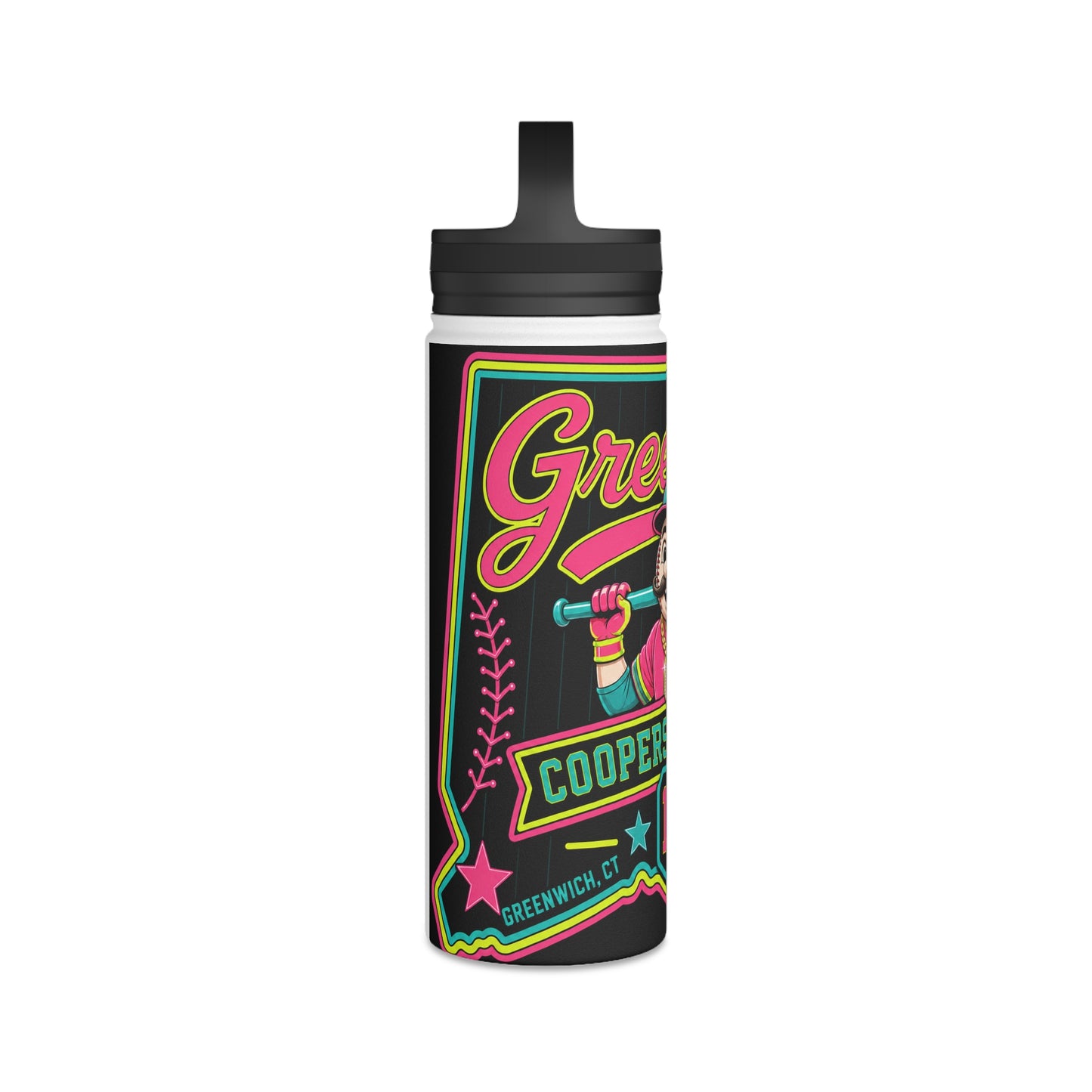 Neon Mascot Stainless Steel Water Bottle — Vintage Team 'Greenway' 12U Sports Bottle with Handle Lid