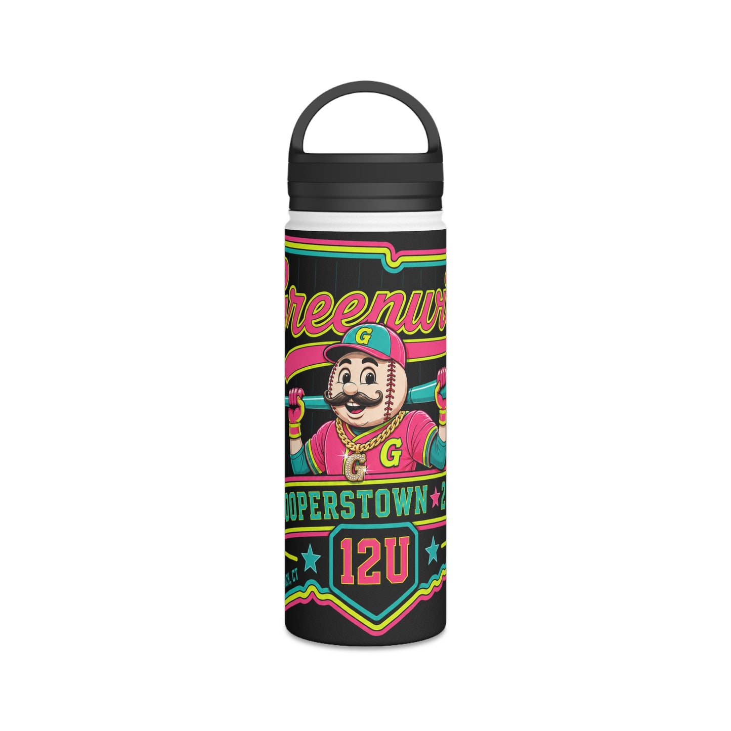 Neon Mascot Stainless Steel Water Bottle — Vintage Team 'Greenway' 12U Sports Bottle with Handle Lid