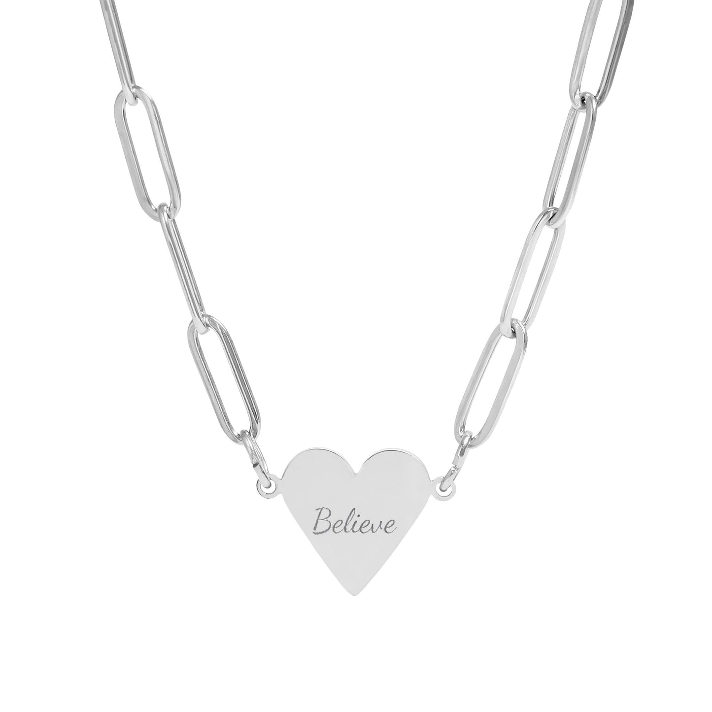 Believe Paperclip Heart Necklace — Engravable Heart Pendant Necklace (Gold or Rose Gold)