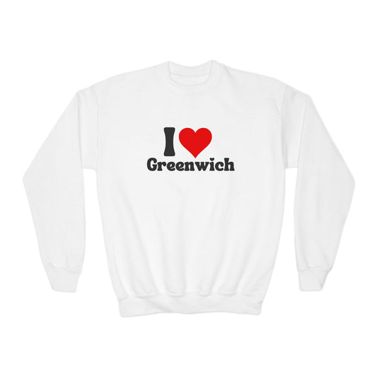 I love Greenwich Youth Crewneck Sweatshirt, Greenwich Connecticut Sweatshirt, Greenwich Home Town Merch