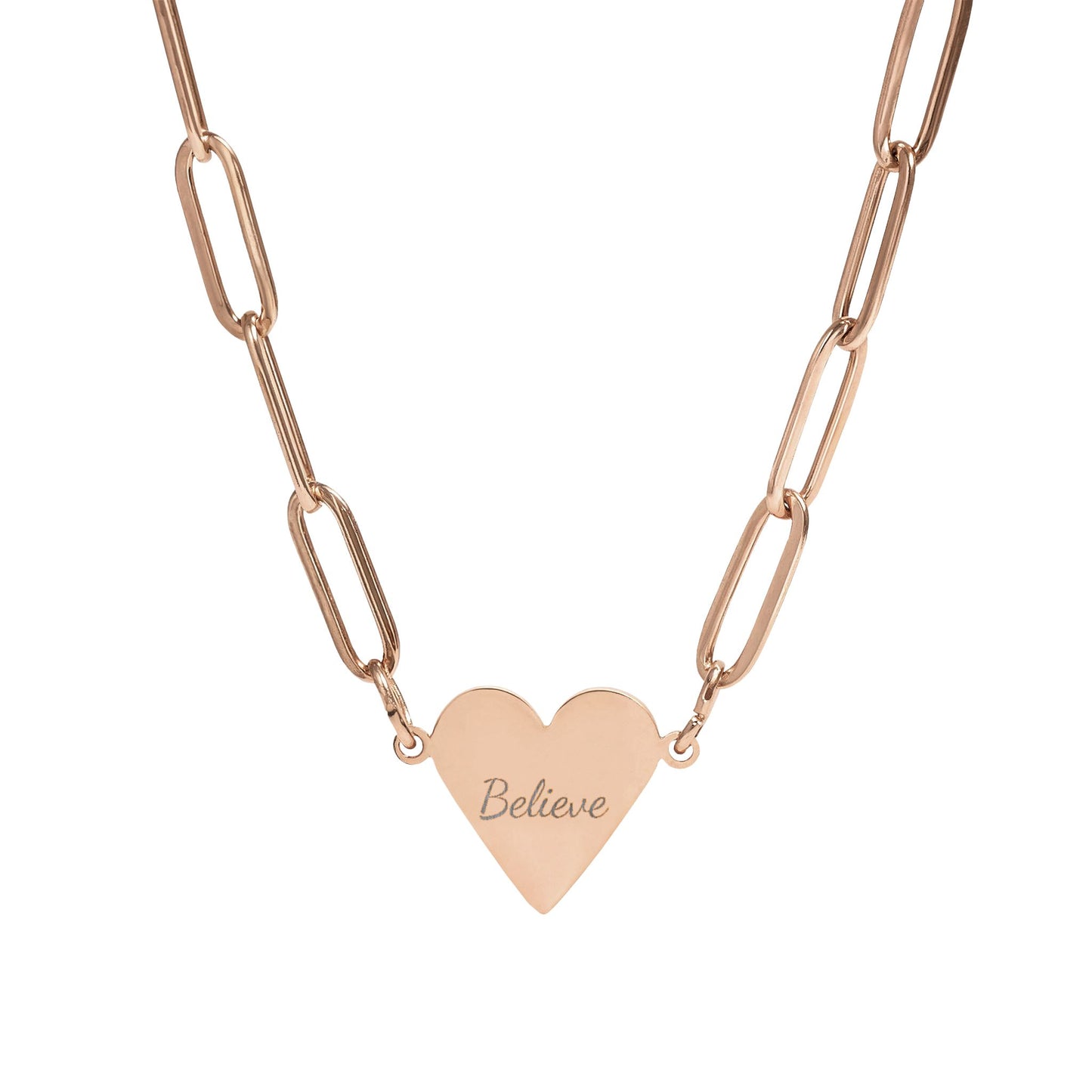 Believe Paperclip Heart Necklace — Engravable Heart Pendant Necklace (Gold or Rose Gold)