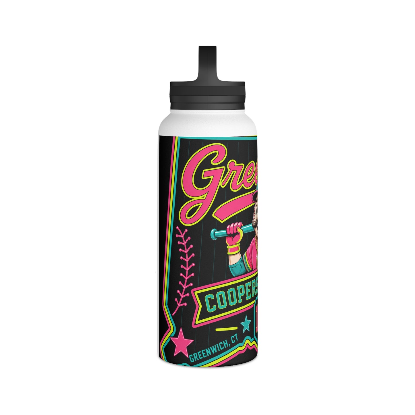 Neon Mascot Stainless Steel Water Bottle — Vintage Team 'Greenway' 12U Sports Bottle with Handle Lid
