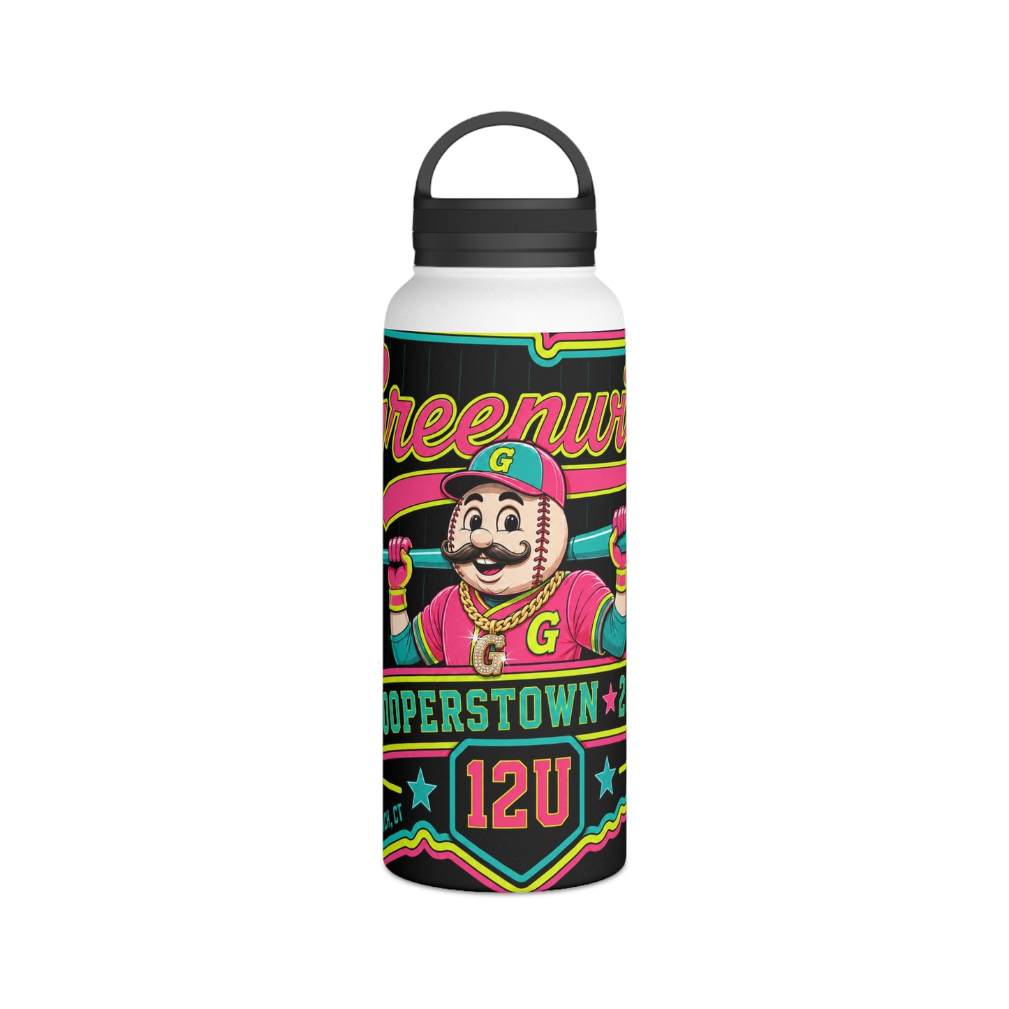 Neon Mascot Stainless Steel Water Bottle — Vintage Team 'Greenway' 12U Sports Bottle with Handle Lid