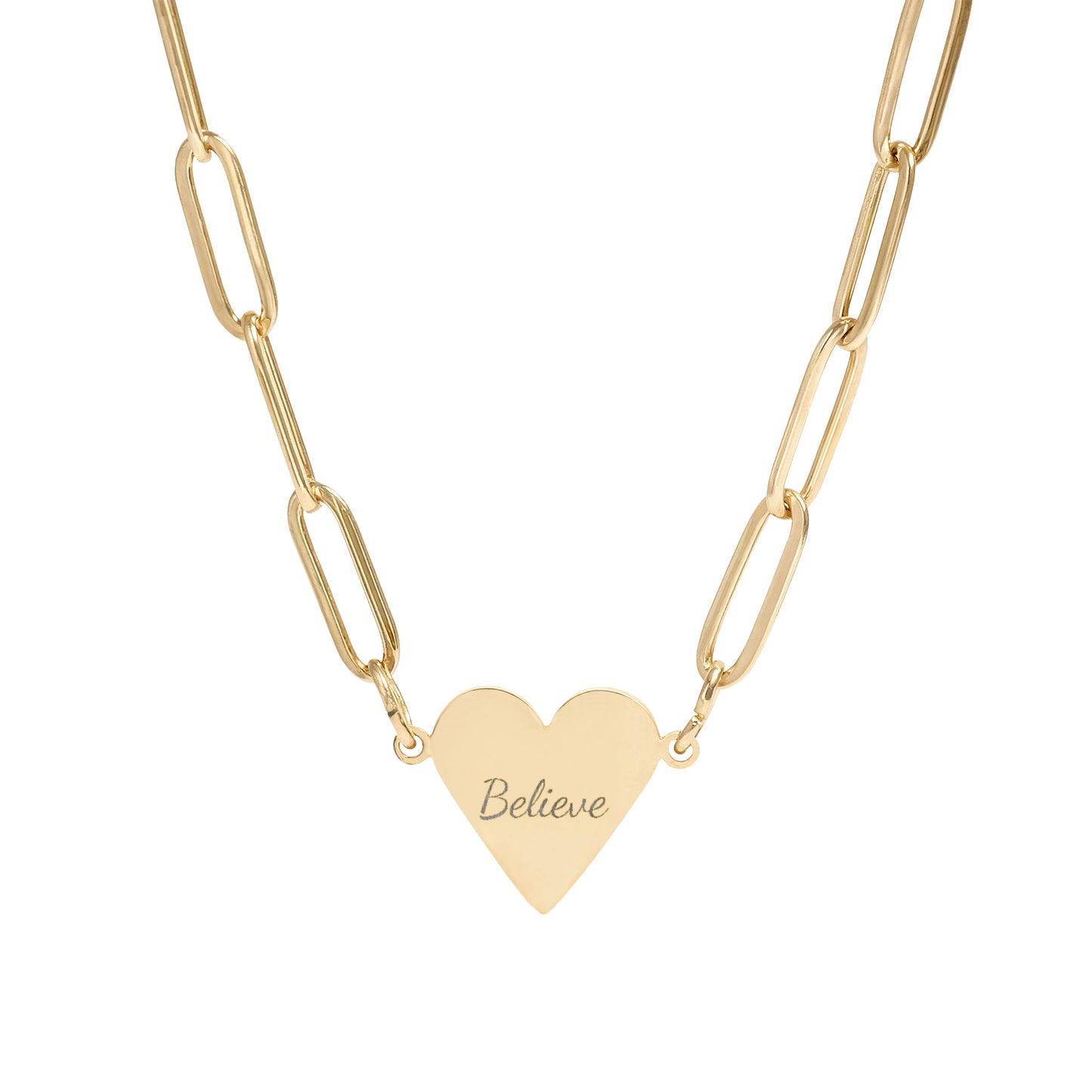 Believe Paperclip Heart Necklace — Engravable Heart Pendant Necklace (Gold or Rose Gold)