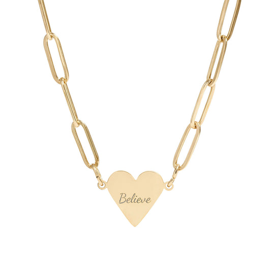 Believe Paperclip Heart Necklace — Engravable Heart Pendant Necklace (Gold or Rose Gold)