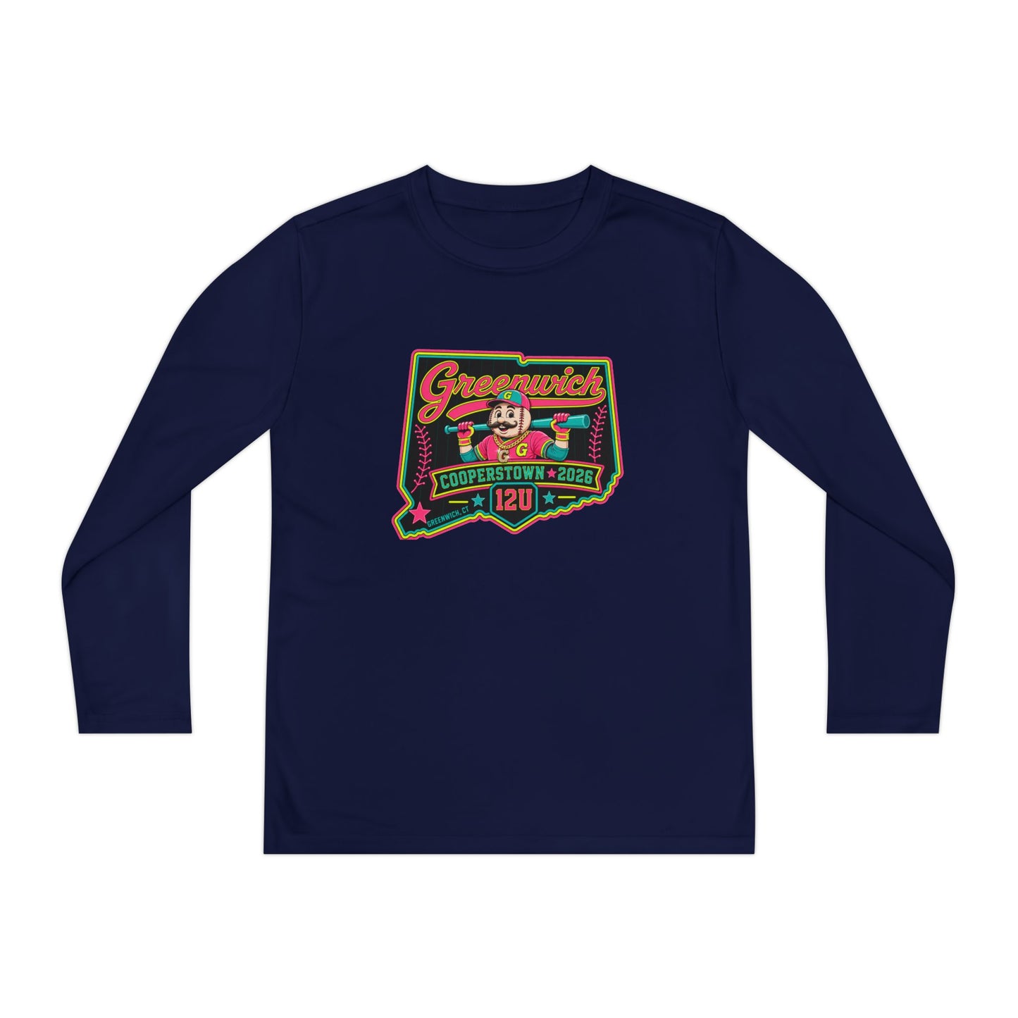 Greenwich Little League Youth Long Sleeve Tee – “Greenwich” Retro Baseball Competitor Shirt
