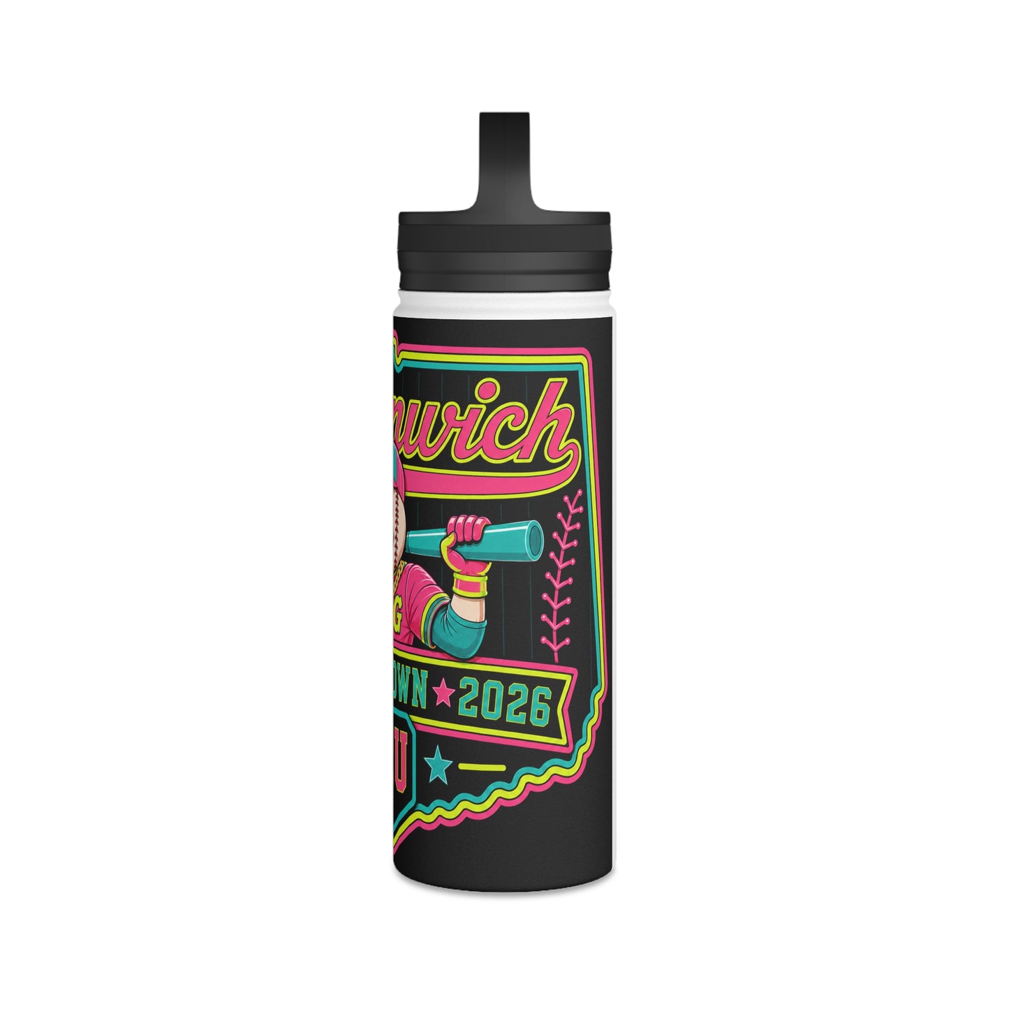Neon Mascot Stainless Steel Water Bottle — Vintage Team 'Greenway' 12U Sports Bottle with Handle Lid