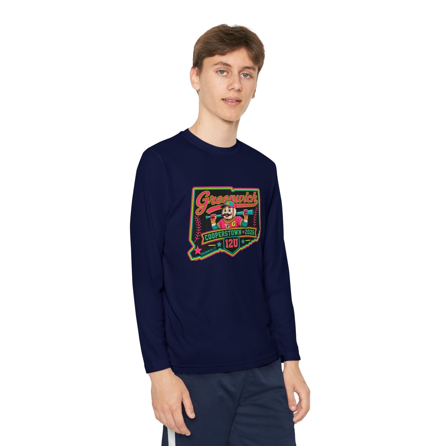 Greenwich Little League Youth Long Sleeve Tee – “Greenwich” Retro Baseball Competitor Shirt