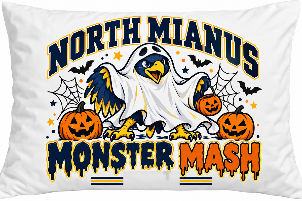 North Mianus Monster Mash pillowcase with ghost-costumed mascot, pumpkins, and bats